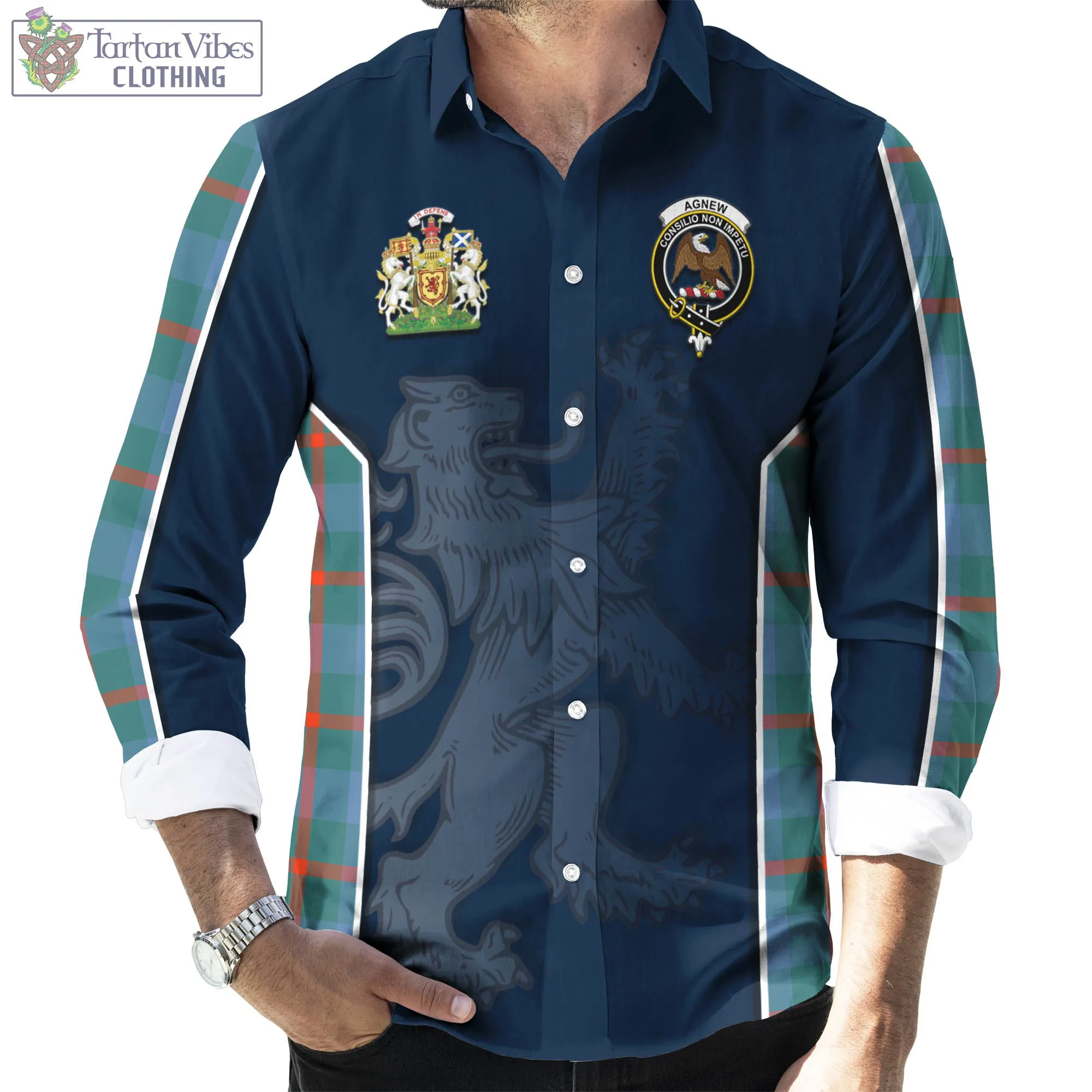 Agnew Ancient Tartan Long Sleeve Button Up Shirt with Family Crest and Lion Rampant Vibes Sport Style