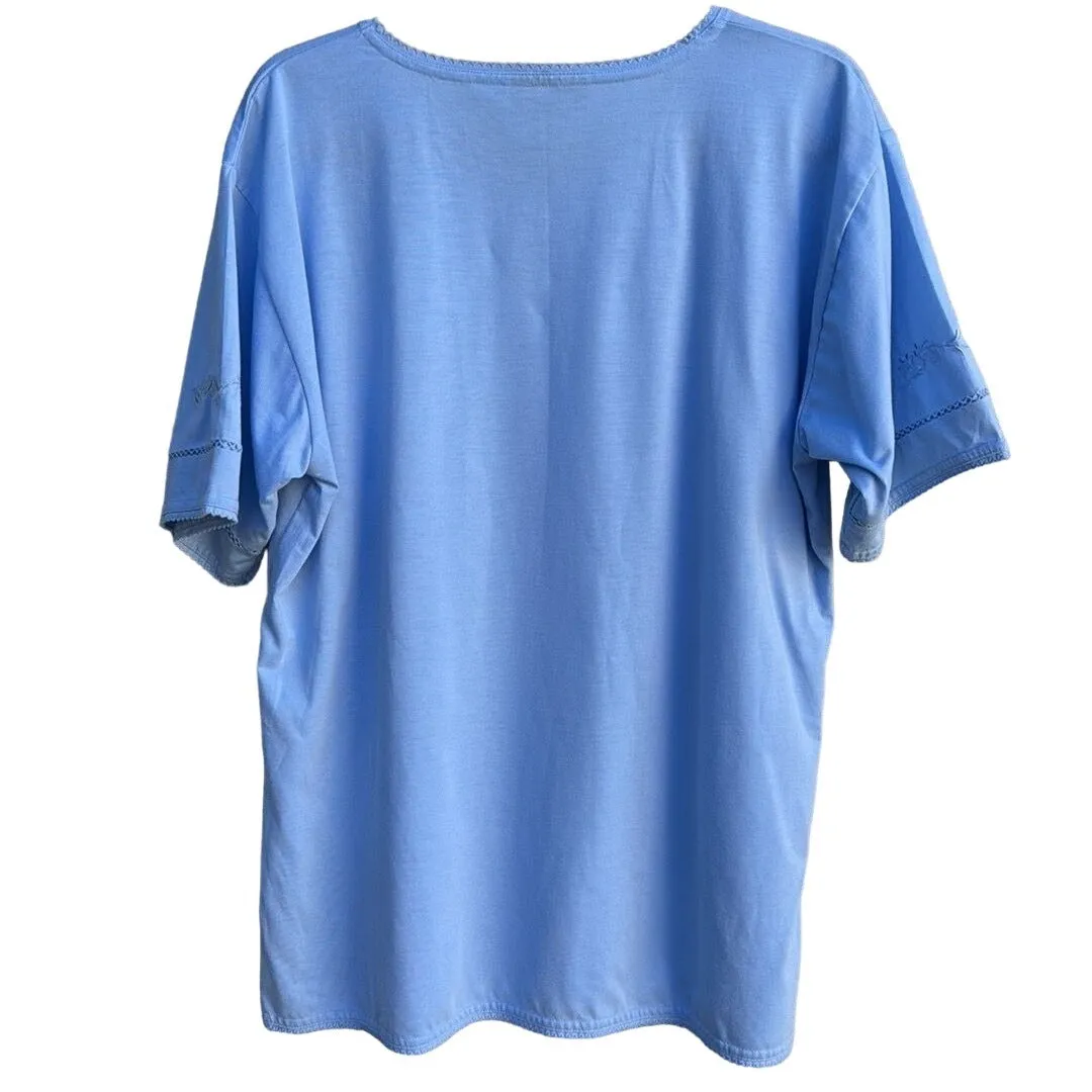 Anne Fashion Women's Light Blue Embroidered Cotton Blend Short Sleeve Top - XXL