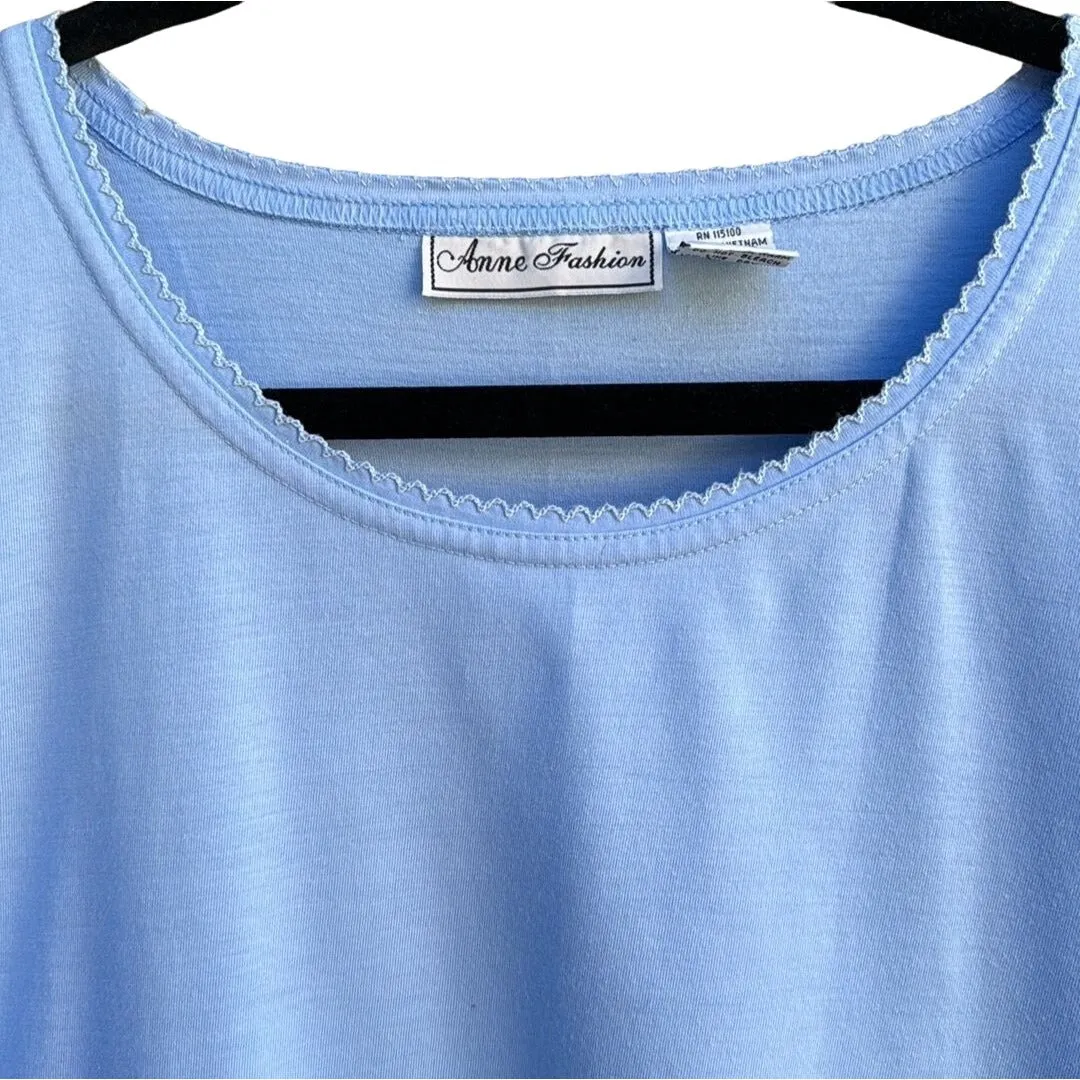 Anne Fashion Women's Light Blue Embroidered Cotton Blend Short Sleeve Top - XXL