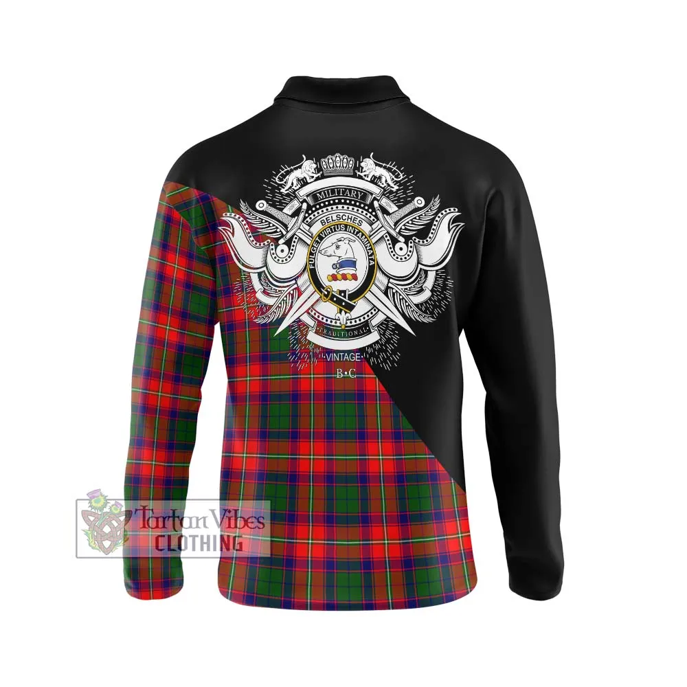 Belsches Tartan Long Sleeve Polo Shirt with Family Crest and Military Logo Style