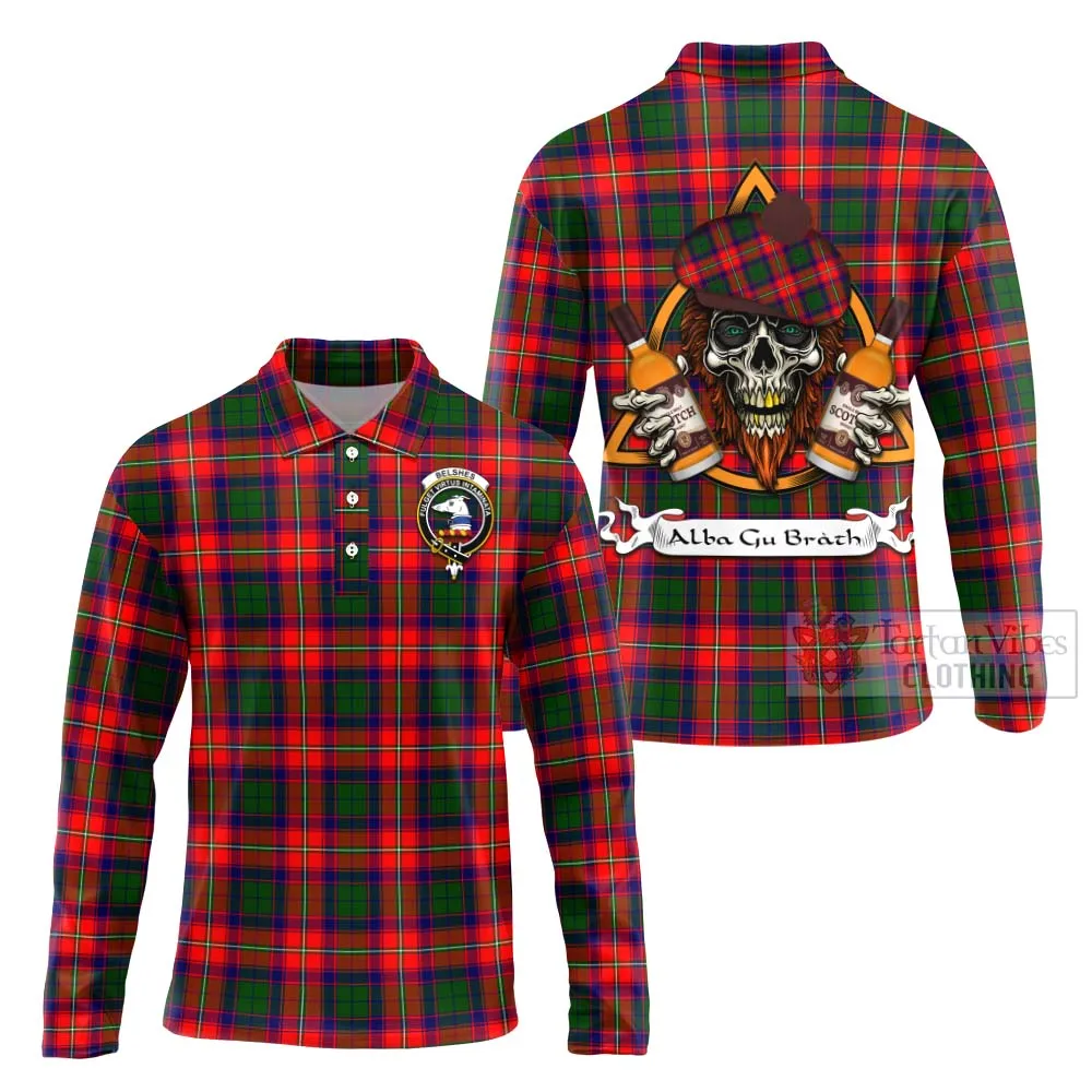 Belshes (Belsches) Tartan Long Sleeve Polo Shirt with Family Crest and Bearded Skull Holding Bottles of Whiskey