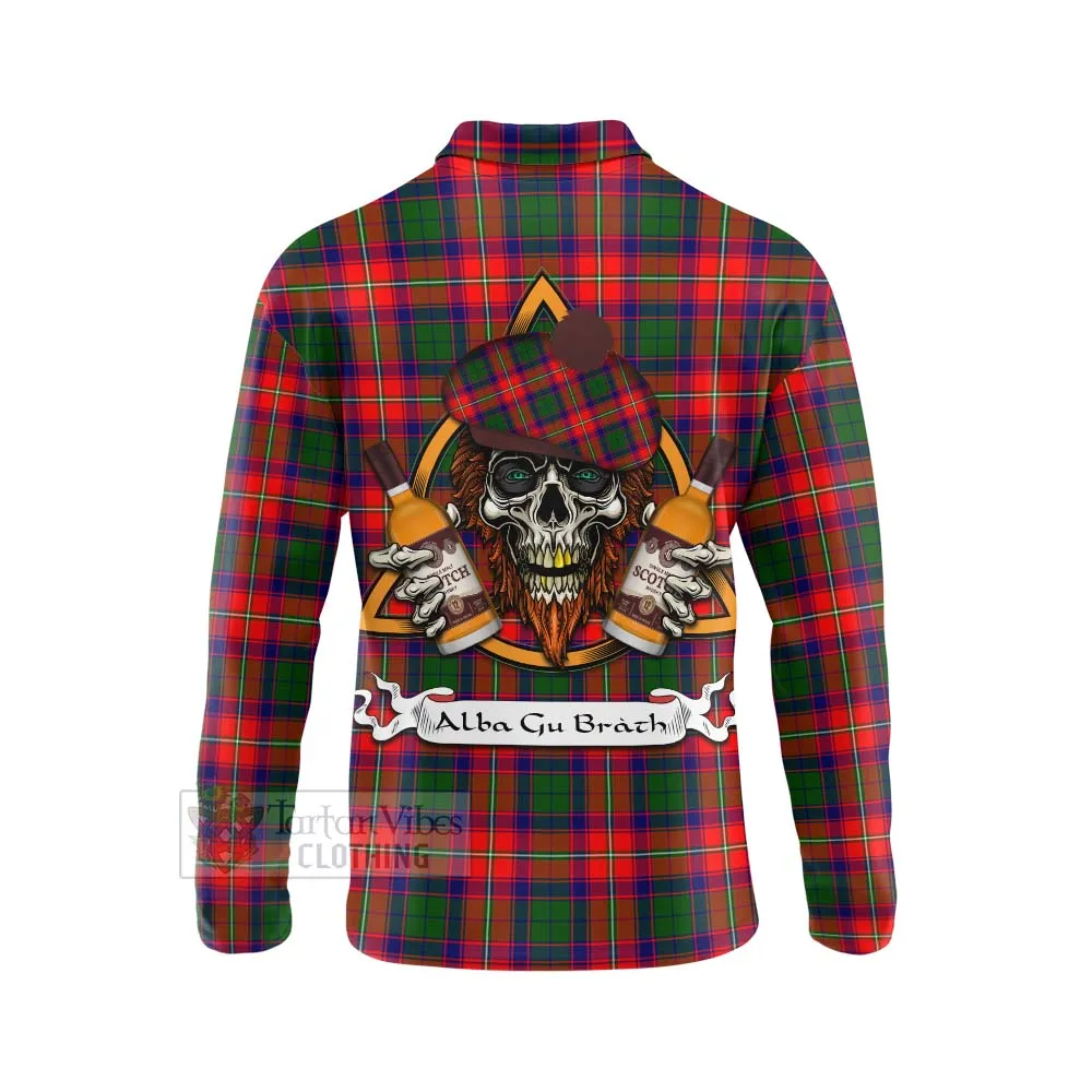 Belshes (Belsches) Tartan Long Sleeve Polo Shirt with Family Crest and Bearded Skull Holding Bottles of Whiskey