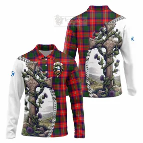 Belshes (Belsches) Tartan Long Sleeve Polo Shirt with Family Crest and St. Andrew's Cross Accented by Thistle Vines