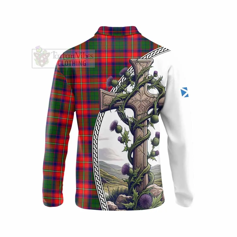 Belshes (Belsches) Tartan Long Sleeve Polo Shirt with Family Crest and St. Andrew's Cross Accented by Thistle Vines
