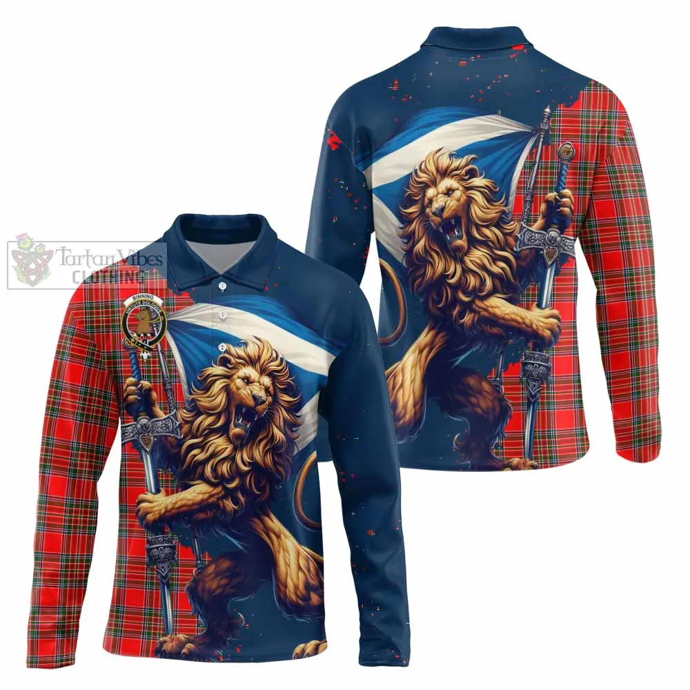 Binning Tartan Family Crest Long Sleeve Polo Shirt with Scottish Majestic Lion