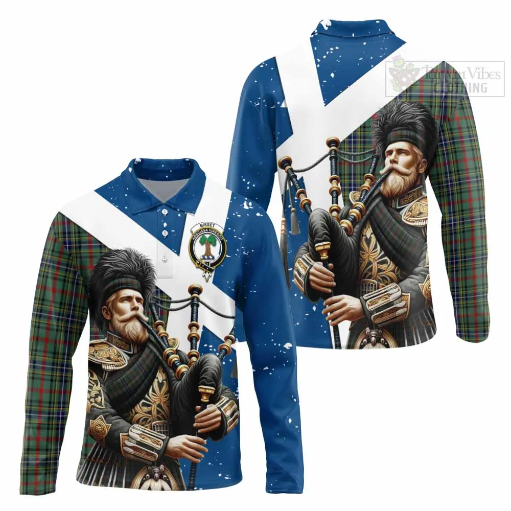 Bisset Tartan Long Sleeve Polo Shirt with Family Crest Scottish Bagpiper Vibes