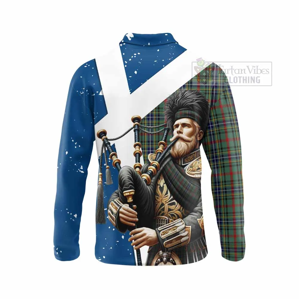 Bisset Tartan Long Sleeve Polo Shirt with Family Crest Scottish Bagpiper Vibes