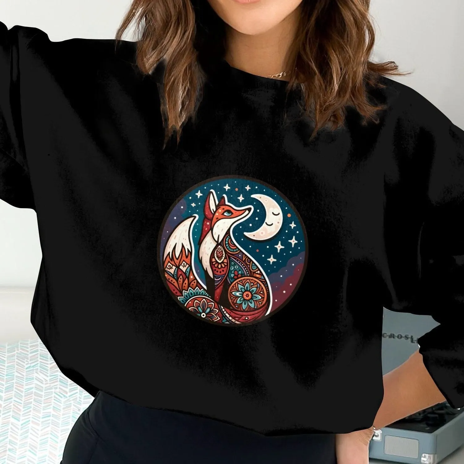 Bohemian Fox Sweatshirt, Celestial Moon and Stars, Mandala Animal Art, Unisex Graphic Tee, Nature Inspired Clothing, Boho Chic Top