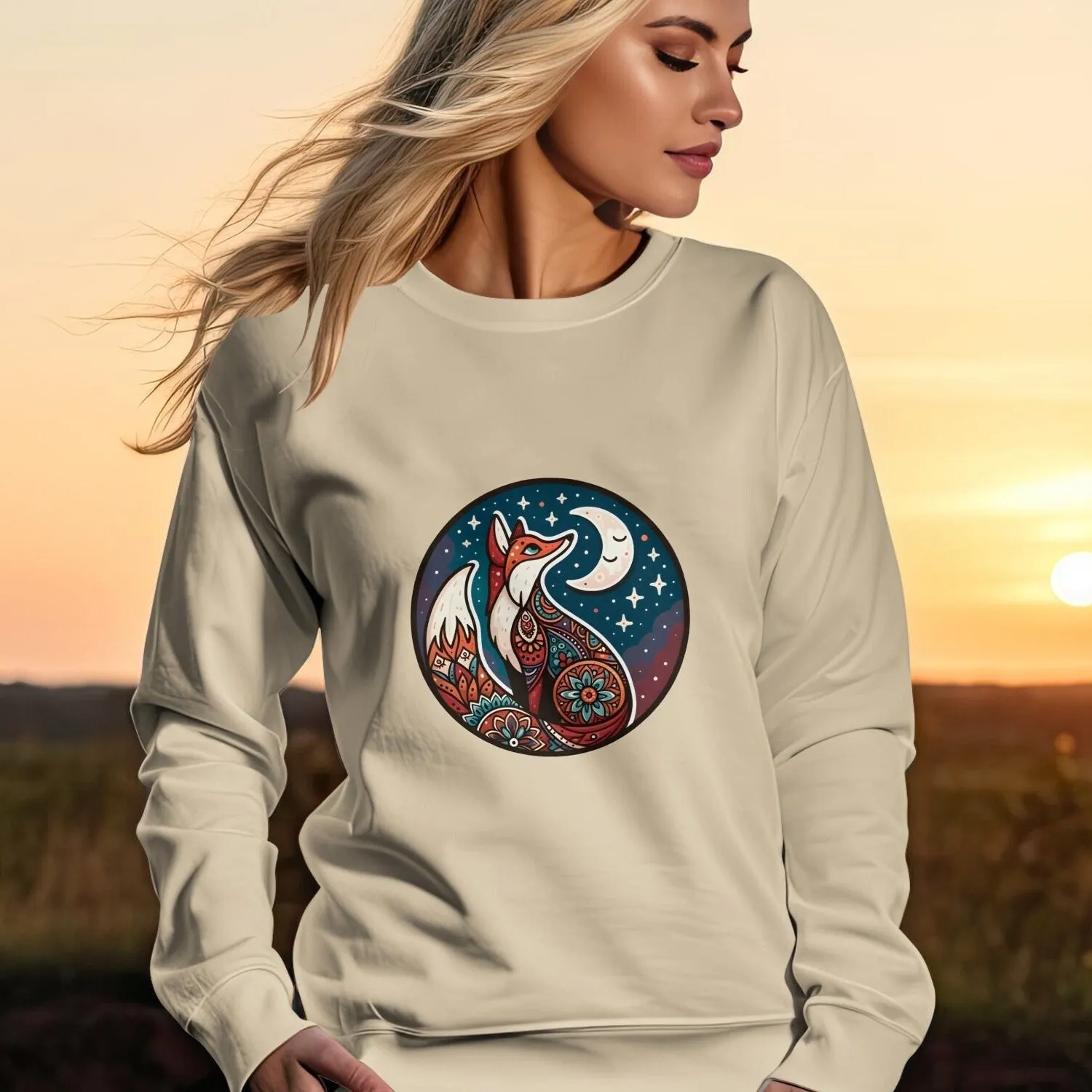 Bohemian Fox Sweatshirt, Celestial Moon and Stars, Mandala Animal Art, Unisex Graphic Tee, Nature Inspired Clothing, Boho Chic Top