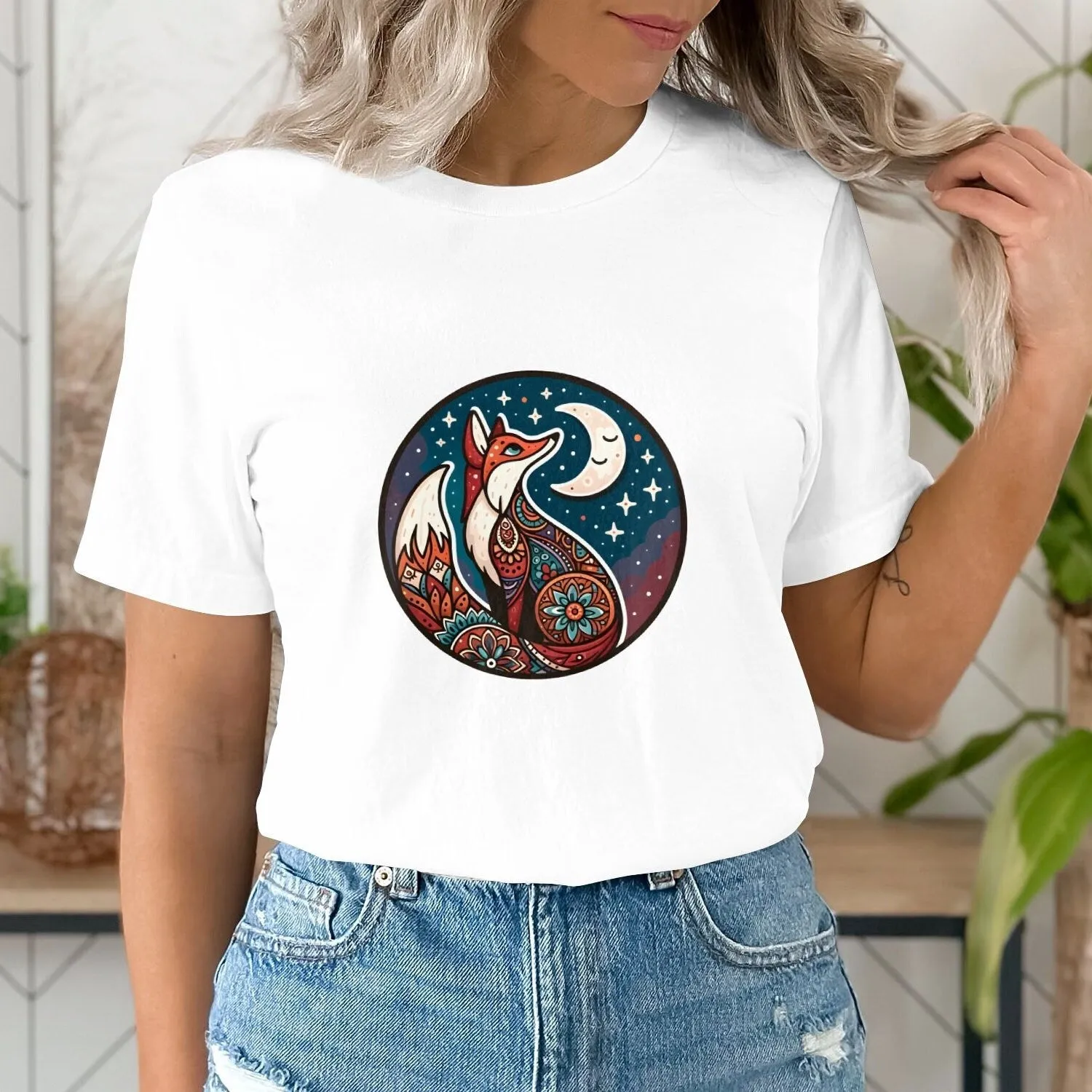 Bohemian Fox Sweatshirt, Celestial Moon and Stars, Mandala Animal Art, Unisex Graphic Tee, Nature Inspired Clothing, Boho Chic Top