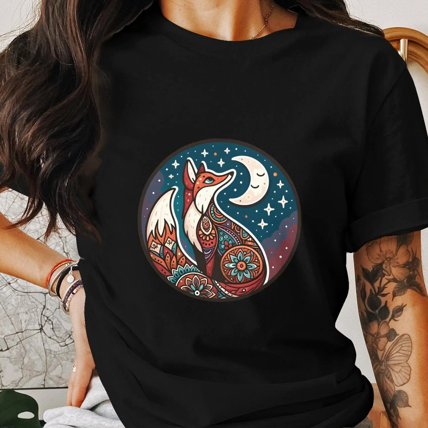 Bohemian Fox Sweatshirt, Celestial Moon and Stars, Mandala Animal Art, Unisex Graphic Tee, Nature Inspired Clothing, Boho Chic Top