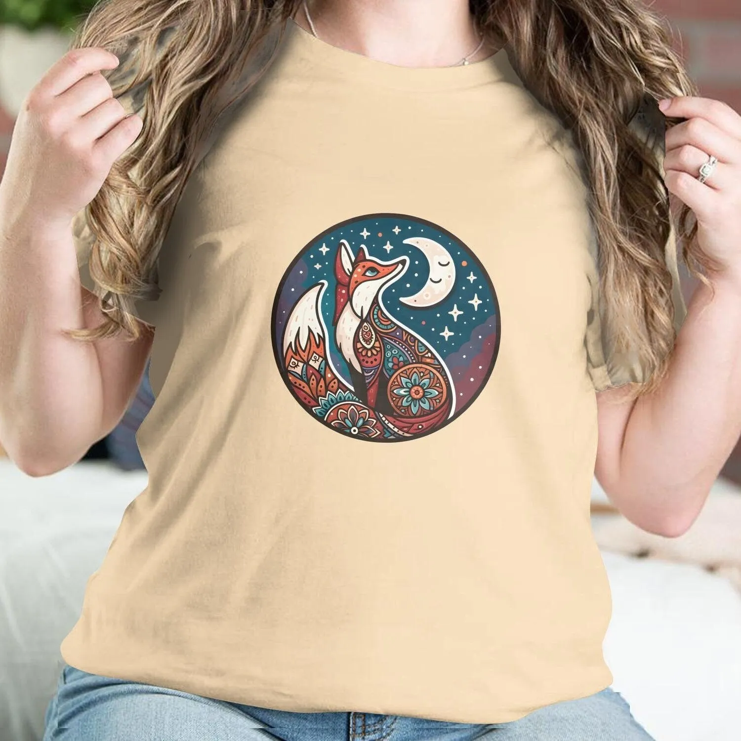 Bohemian Fox Sweatshirt, Celestial Moon and Stars, Mandala Animal Art, Unisex Graphic Tee, Nature Inspired Clothing, Boho Chic Top