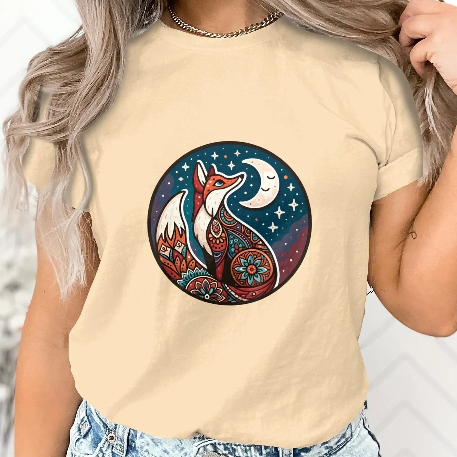 Bohemian Fox Sweatshirt, Celestial Moon and Stars, Mandala Animal Art, Unisex Graphic Tee, Nature Inspired Clothing, Boho Chic Top