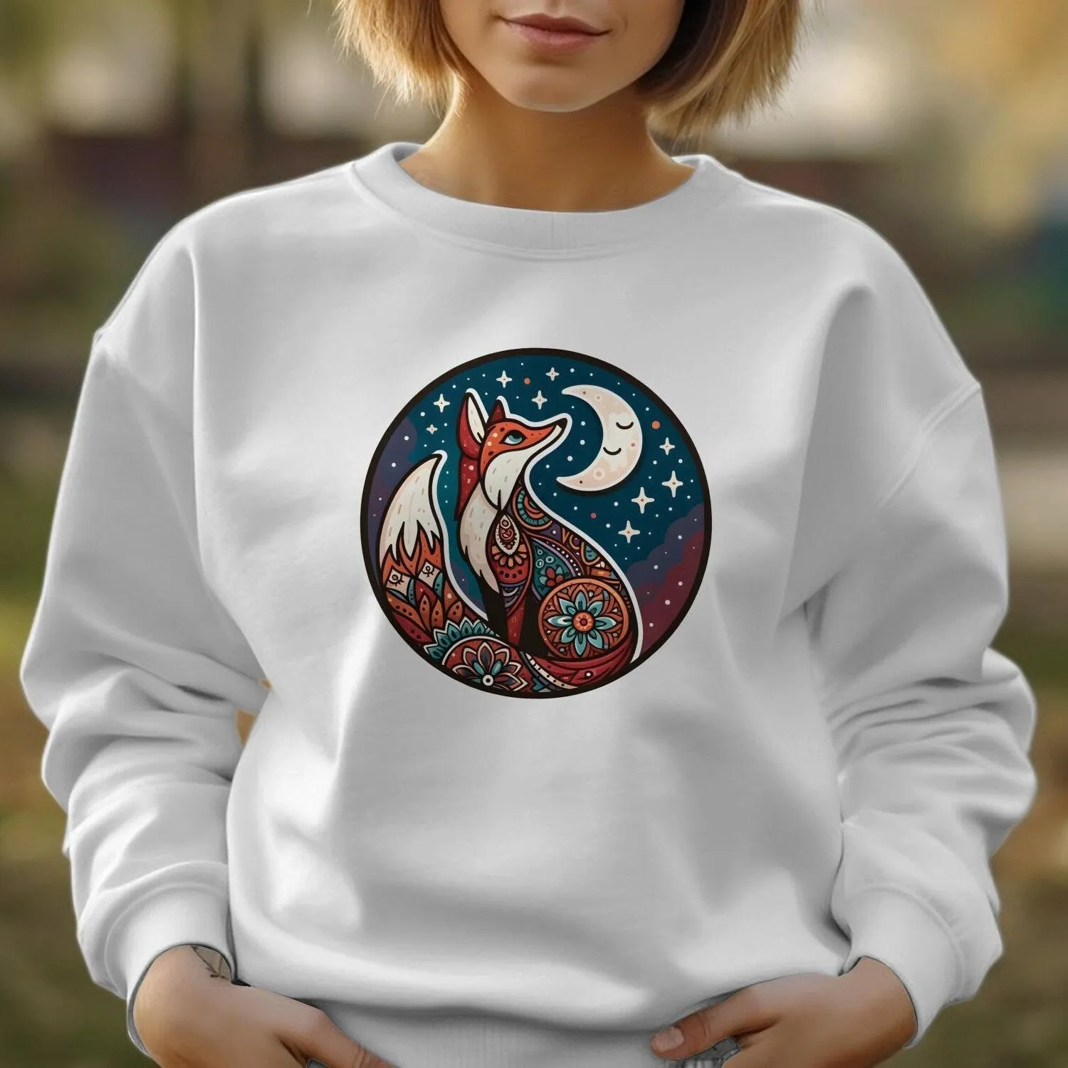 Bohemian Fox Sweatshirt, Celestial Moon and Stars, Mandala Animal Art, Unisex Graphic Tee, Nature Inspired Clothing, Boho Chic Top