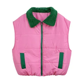 Pink and Green Sherpa Puffy Vest