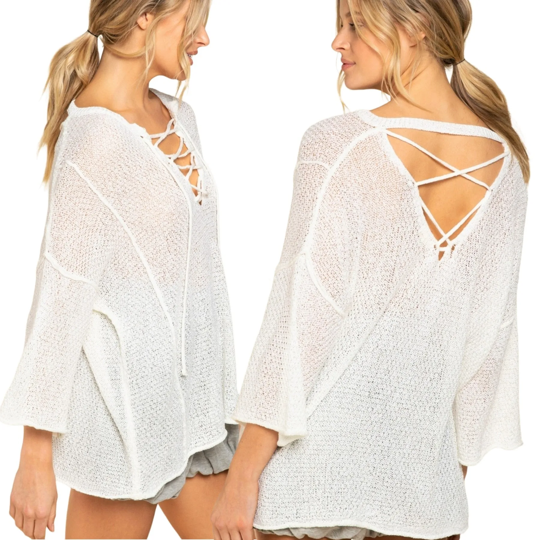 POL Women's Lace-up V-Neck Raw Edge Lightweight Knit Tunic Top Sweater