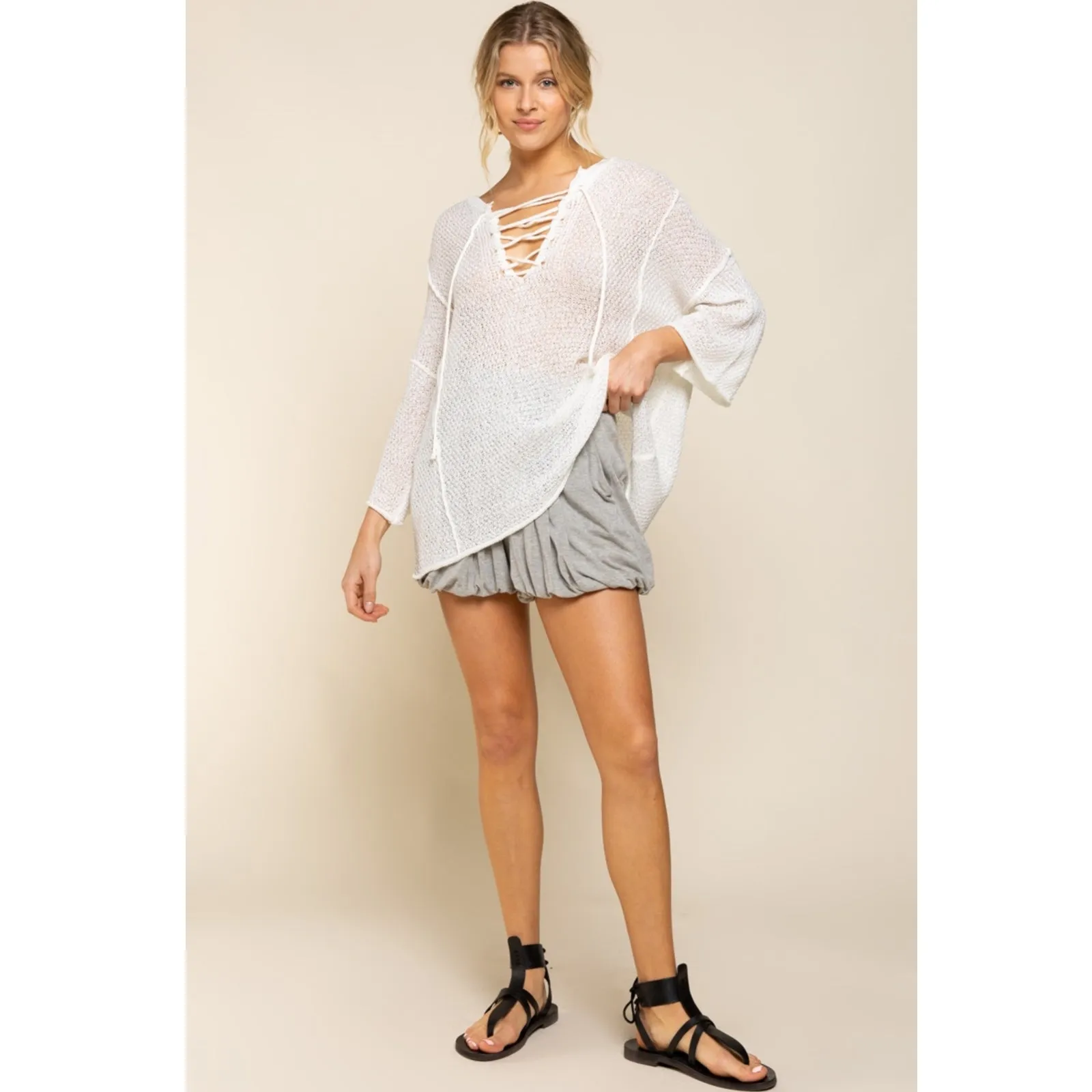 POL Women's Lace-up V-Neck Raw Edge Lightweight Knit Tunic Top Sweater