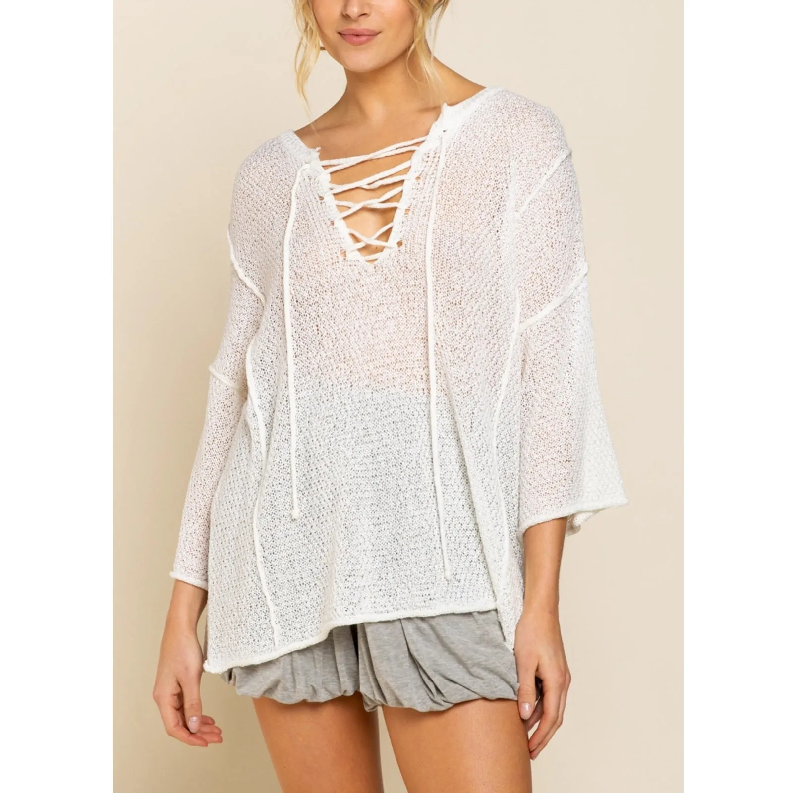 POL Women's Lace-up V-Neck Raw Edge Lightweight Knit Tunic Top Sweater