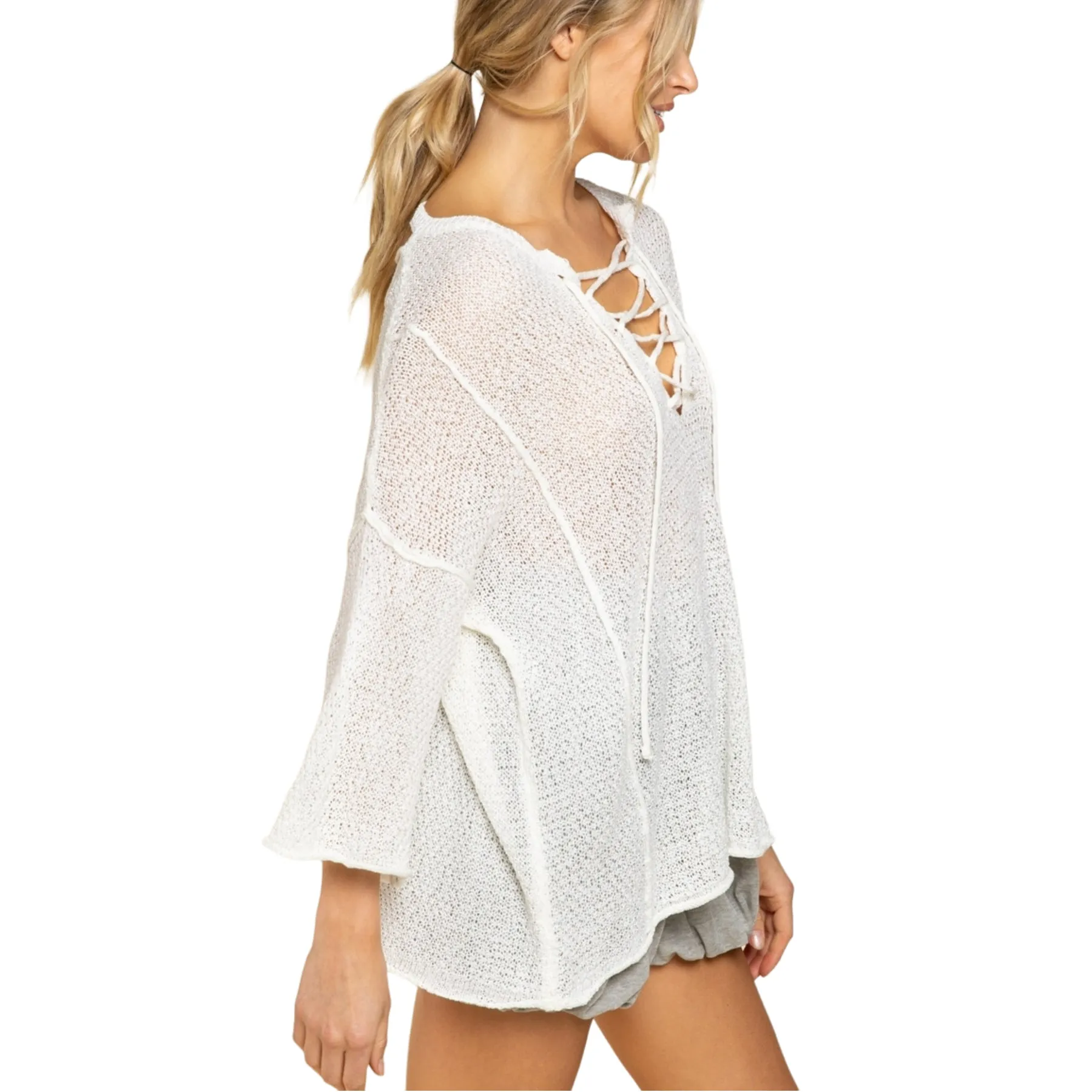 POL Women's Lace-up V-Neck Raw Edge Lightweight Knit Tunic Top Sweater