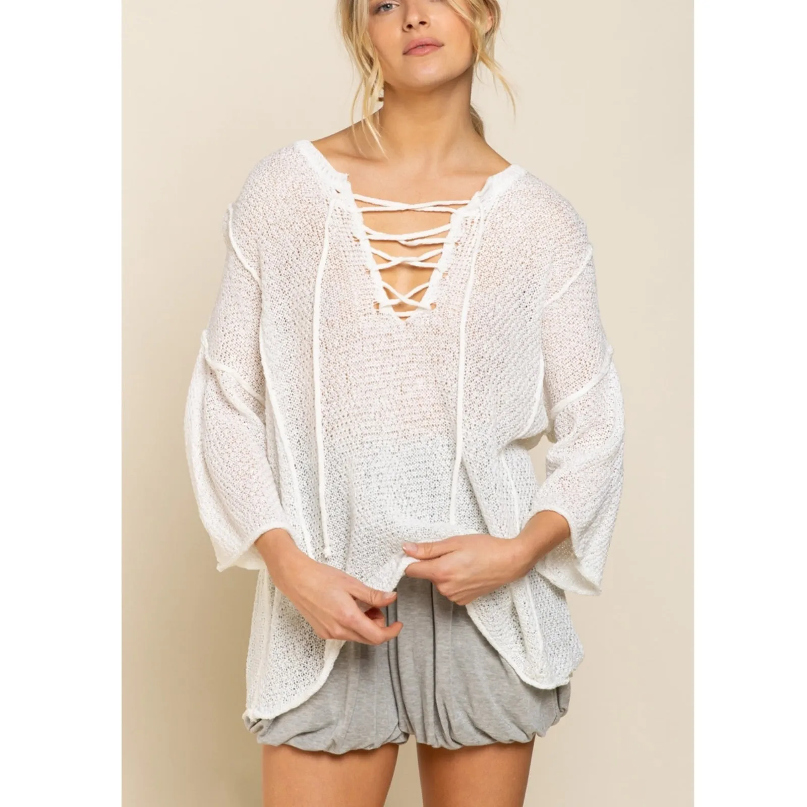POL Women's Lace-up V-Neck Raw Edge Lightweight Knit Tunic Top Sweater