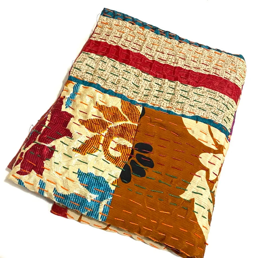 SALE Sari Kantha - Rust/Fall Tones, Hand Stitched Patchwork Quilt/Throw from India, 39" x 59" #KN-20