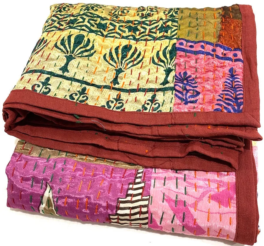 SALE Sari Kantha - Rust/Fall Tones, Hand Stitched Patchwork Quilt/Throw from India, 39" x 59" #KN-20