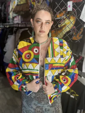 Vintage 90s Colorful Geometric Print Sequin Encrusted Jacket