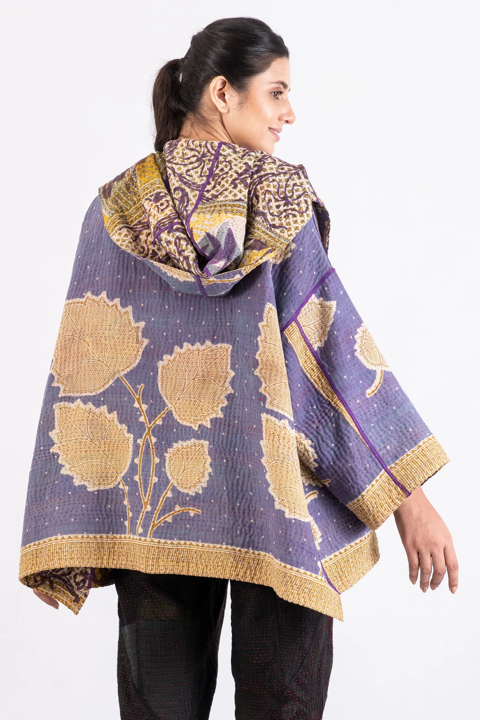 VINTAGE COTTON KANTHA HOODIE PONCHO